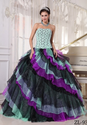 2014 Multi-color Puffy Strapless Appliques and Beading Quinceanera Dresses