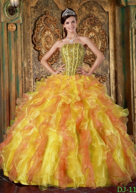 2014 Multi-Color Puffy Strapless Beading and Ruffles Quinceanera Dresses