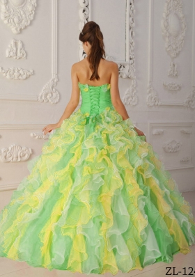 2014 Multi-Color Puffy Strapless Hand Made Flowers and Ruffles Quinceanera Dresses