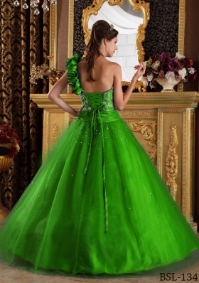 Affordable Green Princess One Shoulder with Beading for 2014 Quinceanera Dress