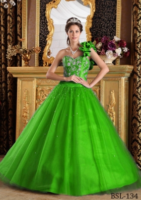 Affordable Green Princess One Shoulder with Beading for 2014 Quinceanera Dress