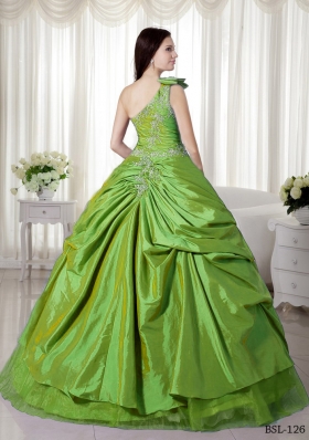 Cheap Puffy One Shoulder with Pick-ups and Appliques for 2014 Quinceanera Dress