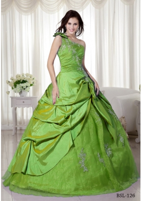 Cheap Puffy One Shoulder with Pick-ups and Appliques for 2014 Quinceanera Dress
