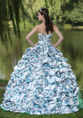 Colorful Printing and Organza Beading and Ruffles 2014 Quinceanera Dress