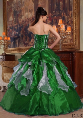 Cute Puffy Sweetheart with Ruffles and Beading for 2014 Dark Green Quinceanera Dress