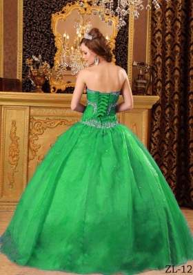 Exquisite Green Puffy Sweetheart with Beading and Appliques Quinceanera Dress for 2014