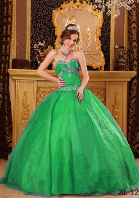 Exquisite Green Puffy Sweetheart with Beading and Appliques Quinceanera Dress for 2014