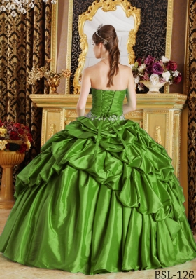 Green Puffy Strapless with Pick-ups and Beading Decorate for 2014 Quinceanera Dress