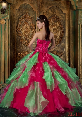 Hot Pink Puffy Strapless 2014 Beading and Ruffles Quinceanera Dresses