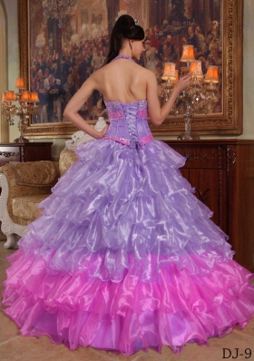 Lavender Puffy Halter 2014 Beading Quinceanera Dresses with Ruffled Layers