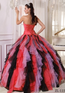 Lovely Multi-colored Puffy One Shoulder Beading and Ruffles 2014 Quinceanera Dress