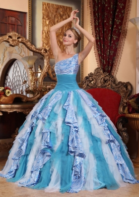 Multi-color Puffy One Shoulder Ruffles Quinceanera Dress for 2014