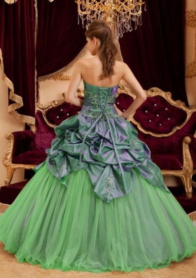 Perfect Green Puffy Strapless with Pick-ups and Beading for 2014 Quinceanera Dress