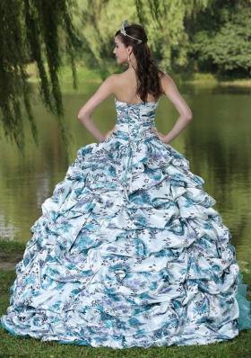 Printing and Organza Beaded and Pick-ups Quinceanera Dresses with Brush Train