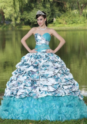 Printing and Organza Beaded and Pick-ups Quinceanera Dresses with Brush Train