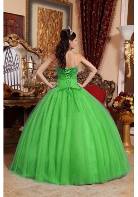 2014 Green Puffy Strapless Embroidery and Beading Quinceanera Dress