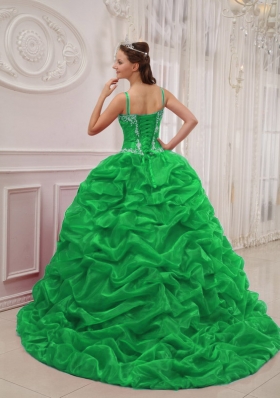 2014 New Style Green Puffy Spaghetti Straps Court Train Quinceanera Dress with Pick-ups and Beading