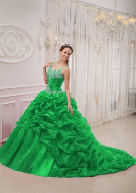 2014 New Style Green Puffy Spaghetti Straps Court Train Quinceanera Dress with Pick-ups and Beading