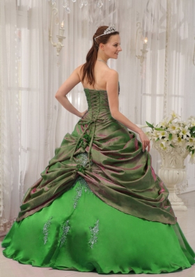 2014 Puffy Strapless Appliques with Pick-ups Decorate for Pretty Green Quinceanera Dress