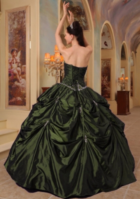 2014 Puffy Strapless with Pick-ups and Beading for Olive Green Quinceanera Dress