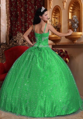 Classical Green Puffy Spaghetti Straps with Sequined Beading Quinceanera Dress for 2014