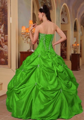 Classical Puffy Strapless with Pick-ups and Beading for 2014 Green Quinceanera Dress