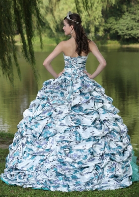 Colorful Printing Beaded Waist Ruffles Brush Train 2014 Quinceanera Dresses