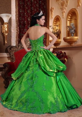 Exquisite Green Puffy Halter Appliques for 2014 Quinceanera Dress with Pick-ups