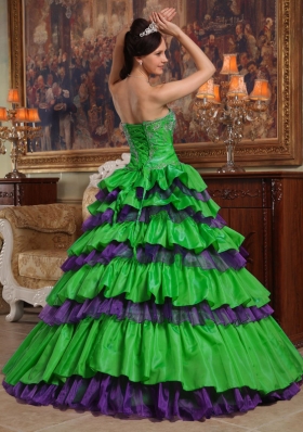 Green Puffy Sweetheart with Layers and Beading Decorate for 2014 Quinceanera Dress