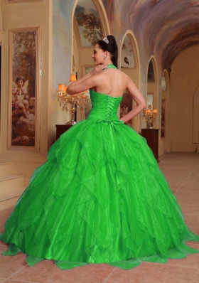 Lovely Spring Green Puffy Halter for 2014 Quinceanera Dress with Beading and Embroidery