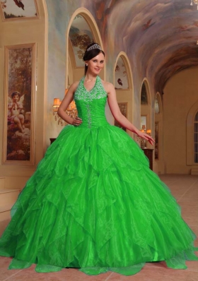 Lovely Spring Green Puffy Halter for 2014 Quinceanera Dress with Beading and Embroidery