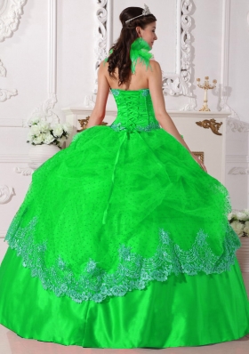 Luxurious Puffy Halter for 2014 Beading and Appliques for  Spring Green Quinceanera Dress