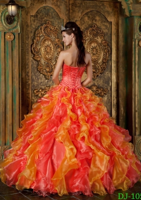 New Style Orange Red Puffy Strapless Ruffles Quinceanera Dresses for 2014