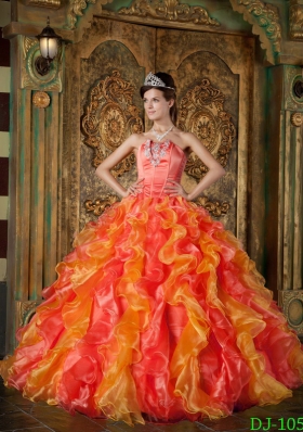 New Style Orange Red Puffy Strapless Ruffles Quinceanera Dresses for 2014