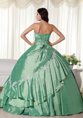 New Style Puffy Strapless Appliques for Green Quinceanera Dress for 2014