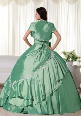 New Style Puffy Strapless Appliques for Green Quinceanera Dress for 2014