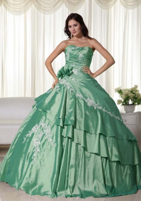 New Style Puffy Strapless Appliques for Green Quinceanera Dress for 2014