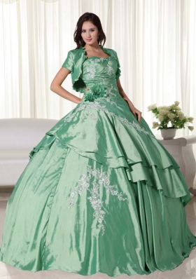 New Style Puffy Strapless Appliques for Green Quinceanera Dress for 2014