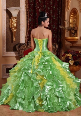 Popular Green Puffy Strapless for 2014 Embroidery Quinceanera Dress with Ruffles