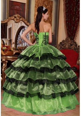 Puffy Sweetheart Decorate for 2014 Green and Black Quinceanera Dress with Layers