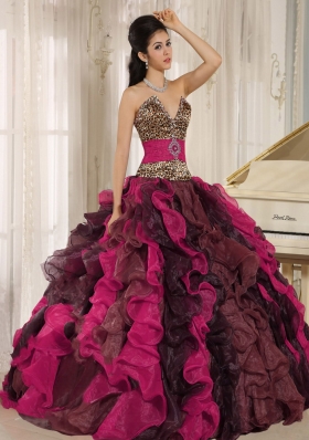 Wholesale Multi-color 2014 Quinceanera Dresses V-neck Ruffles Leopard and Beading