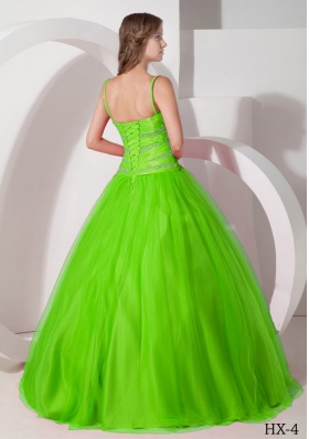 2014 Cute Puffy Spaghetti Straps with Beading for Green Quinceanera Dress