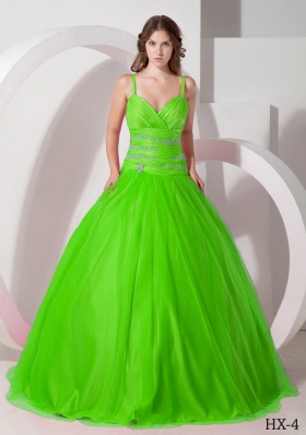 2014 Cute Puffy Spaghetti Straps with Beading for Green Quinceanera Dress