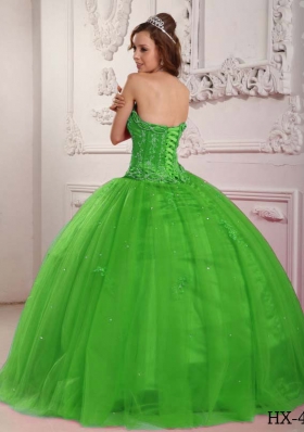 2014 Elegant Puffy Strapless Spring Green Quinceanera Dress with Appliques and Beading