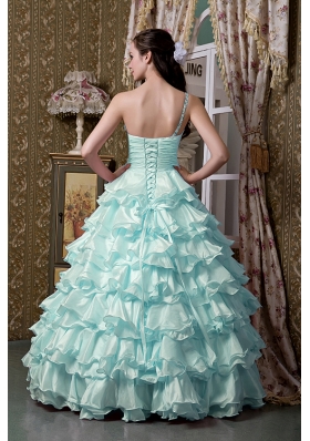 2014 Light Blue Princess One Shoulder Beading Quinceanea Dresses with Ruffled Layers