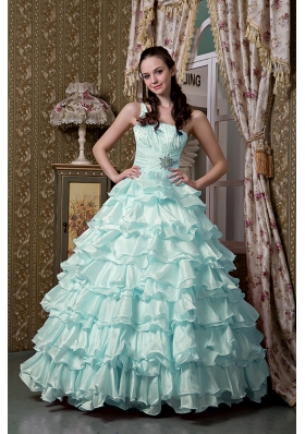 2014 Light Blue Princess One Shoulder Beading Quinceanea Dresses with Ruffled Layers