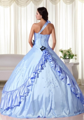 2014 Light Blue Puffy One Shoulder Beading Quinceanera Dresses