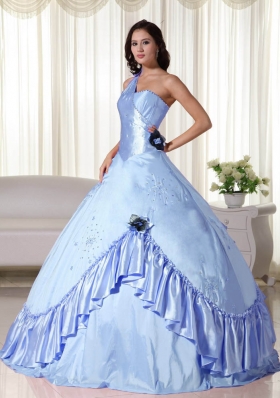 2014 Light Blue Puffy One Shoulder Beading Quinceanera Dresses