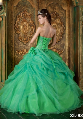 2014 New Style Green Puffy Strapless Beading Quinceanera Dress with Hand Made Flower