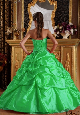 2014 Pretty Green Puffy Sweetheart with Appliques Taffeta Quinceanera Dress